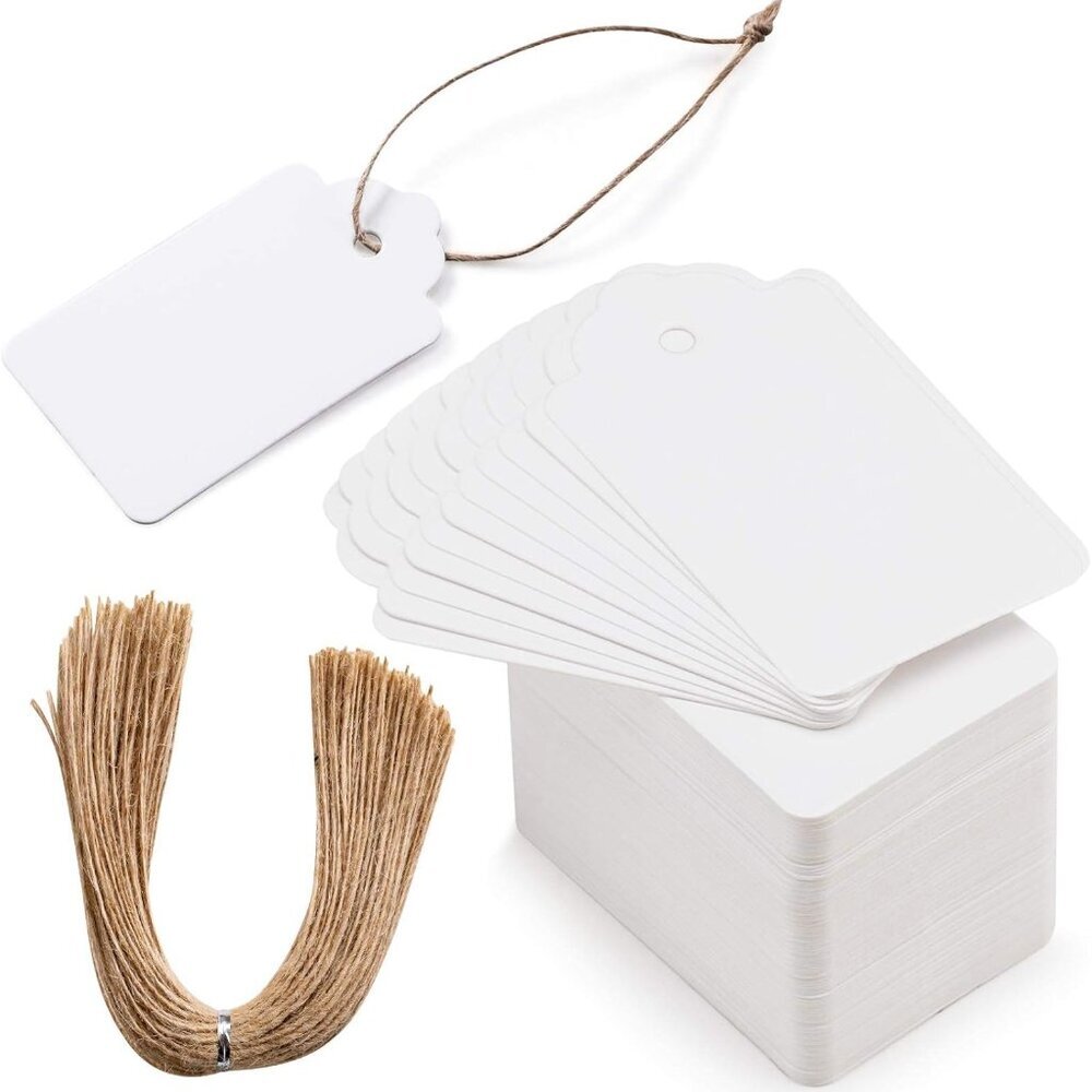 200pcs Premium White Gift Tags with 200 Root Natural Jute Twine, Blank Gift Tags